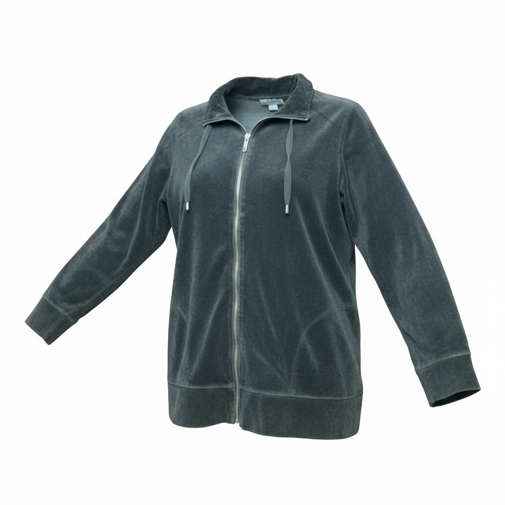 Coldwater Creek Womens Velour Full Zip Jacket Gray Mock Neck Pockets Size L